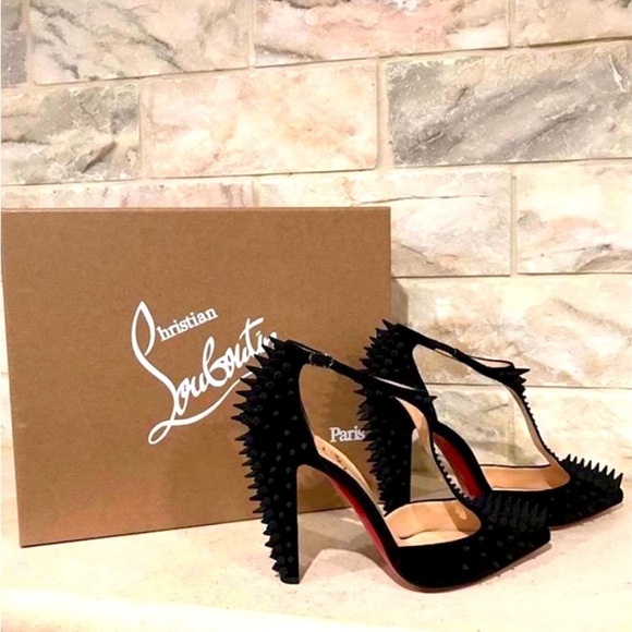 Christian Louboutin “Goldostrap” spiked T-strap, Veau suede 100mm heels EU39.5 - Picture 8 of 9